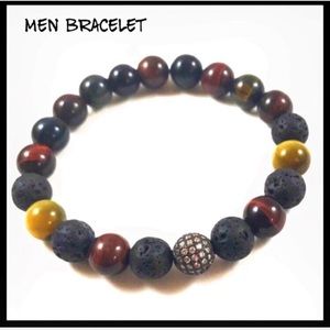 Genuine lava rock tiger eye cz ball bead bracelet